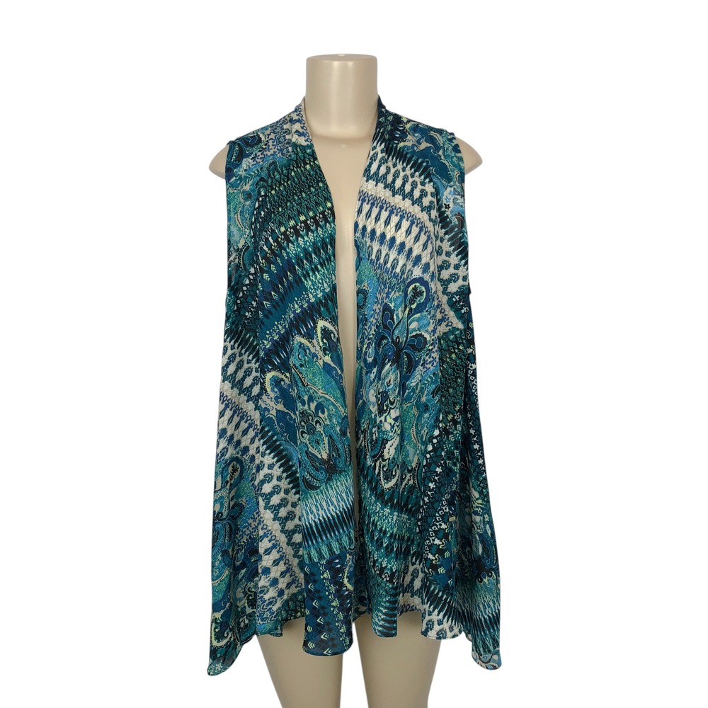 Chicos Paisley Ikat Print Open Front Sleeveless Cardigan M Boho Festival Fairy
